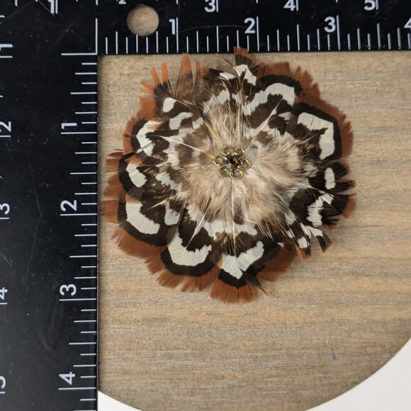 Genuine Feather Hair Clip Handmade Brown White Flapper Pheasant Snap Barrette - Picture 7 of 7